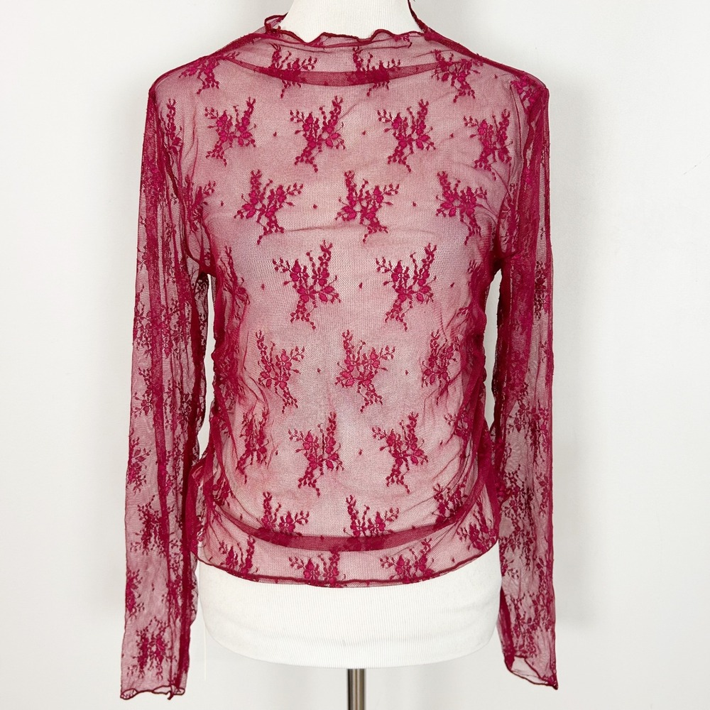NEW Sheer Floral Lace Mock Neck Long Sleeve Top Burgundy Red Size XL Women's